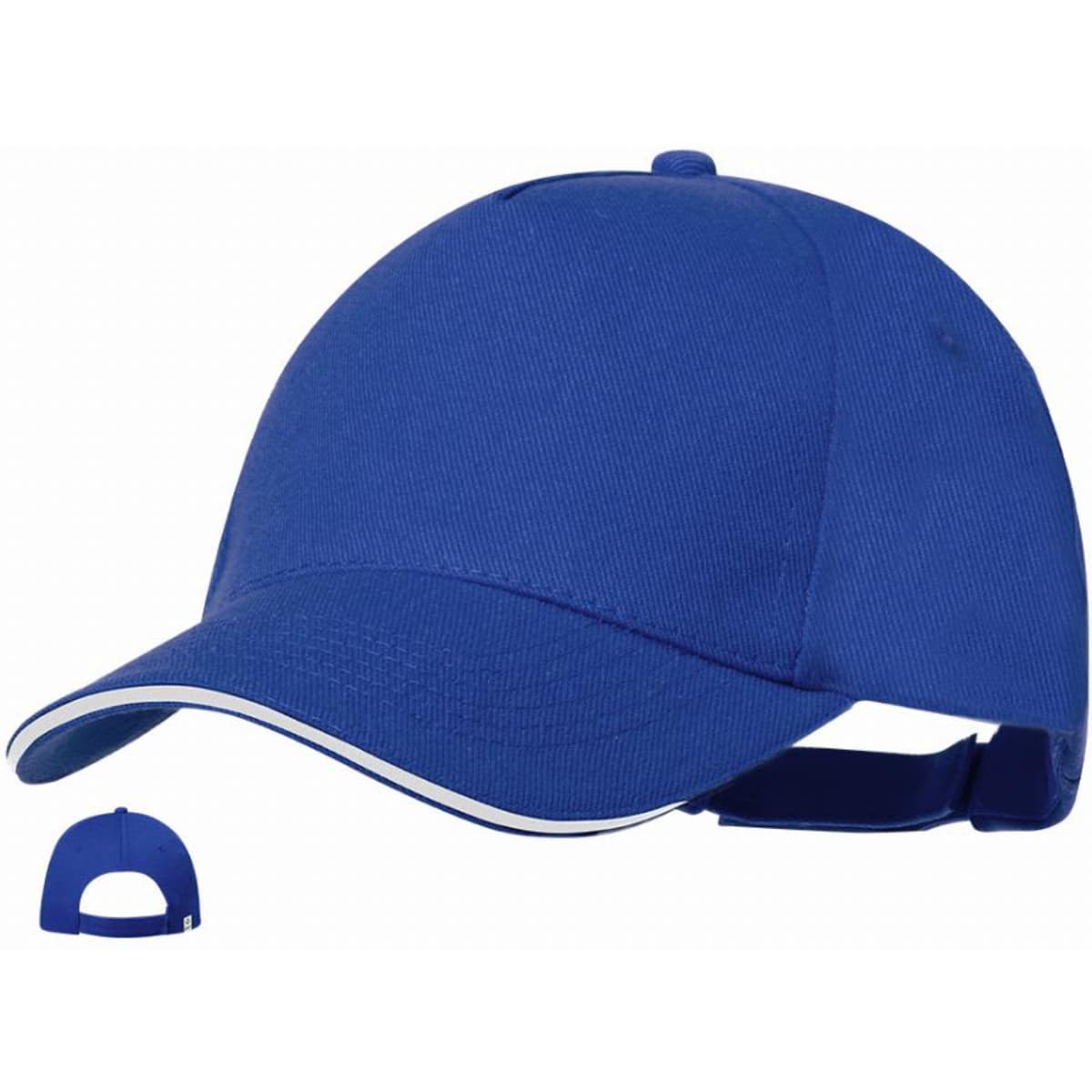 A blue cap with white detailing and an adjustable strap at the back, featuring a rounded crown.