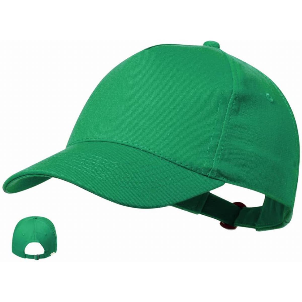A green cap with a curved brim and adjustable strap at the back. The cap features a solid colour design.