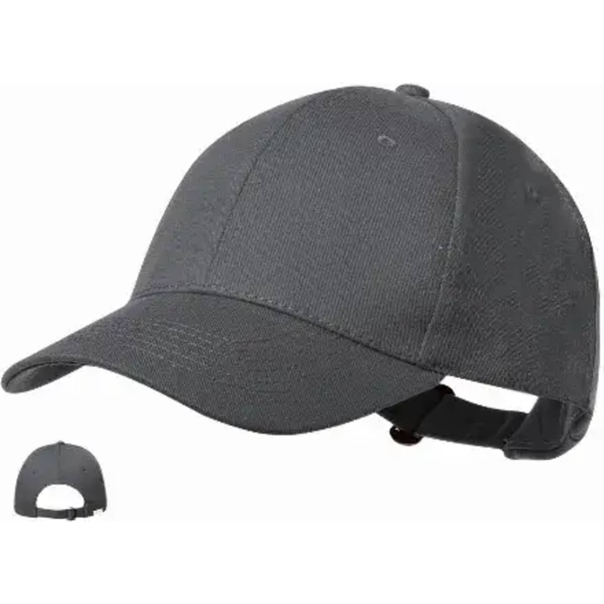 A grey cap with a curved brim, featuring an adjustable strap at the back and a branded logo.