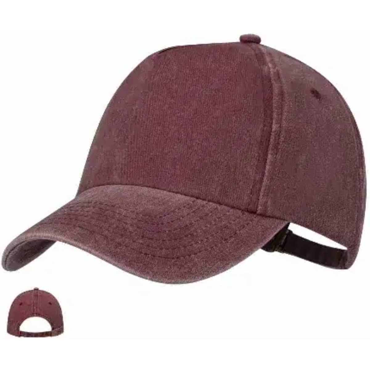 A maroon cap with a curved brim and adjustable strap at the back. The product features a logo.
