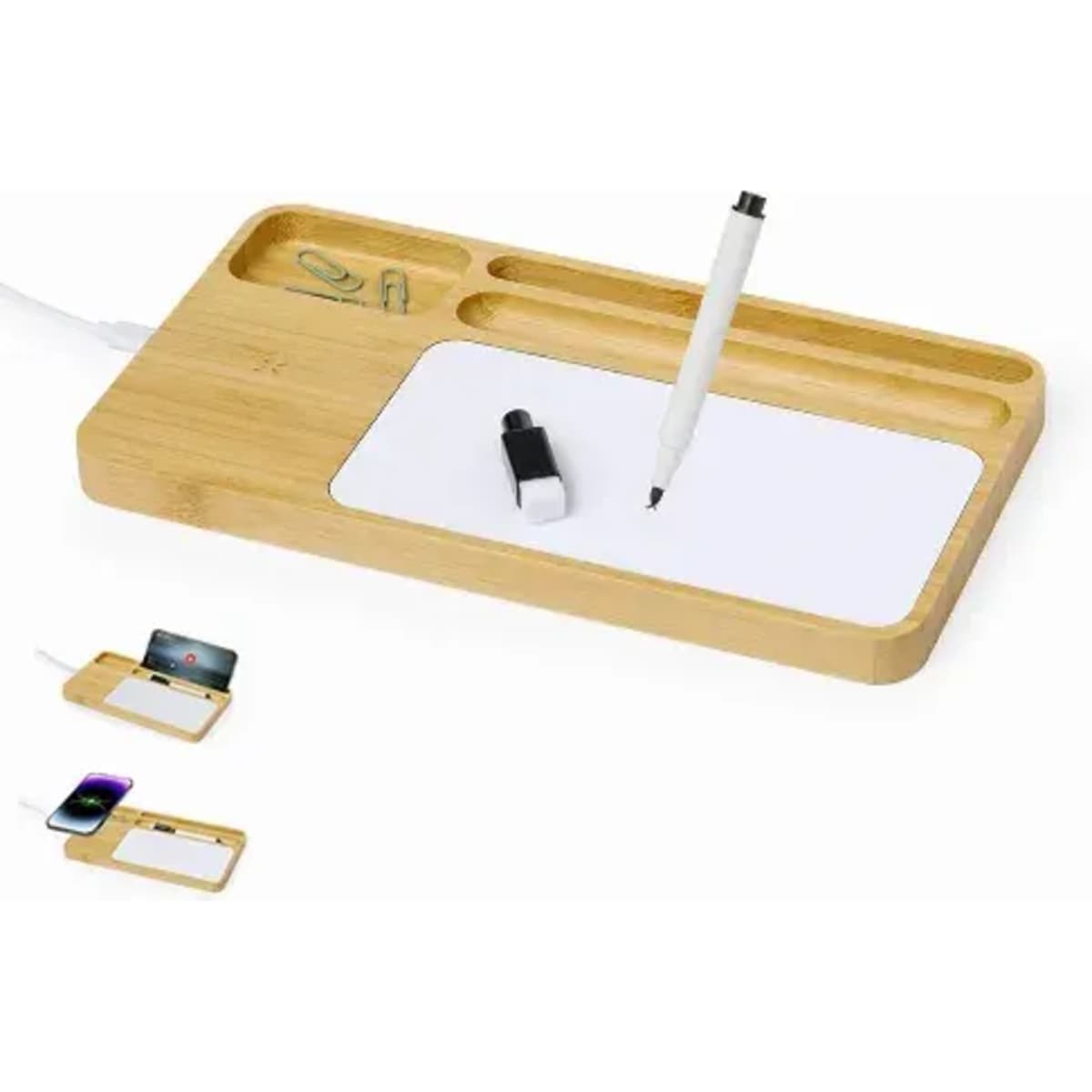 A bamboo desk organiser with compartments for stationery, a pen, and a wireless charging pad.