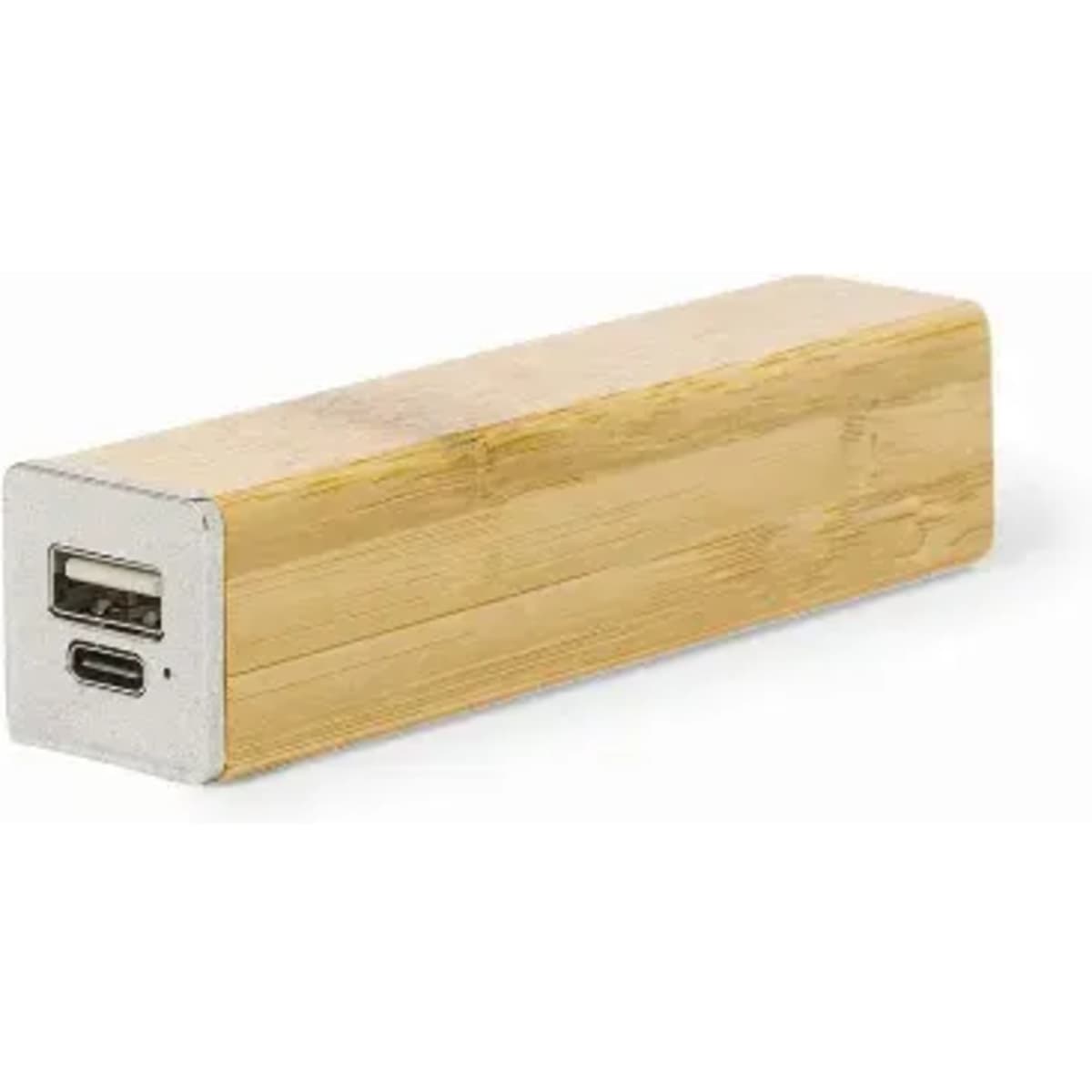 A portable charger with a bamboo exterior and metal ends, featuring USB and USB-C ports.