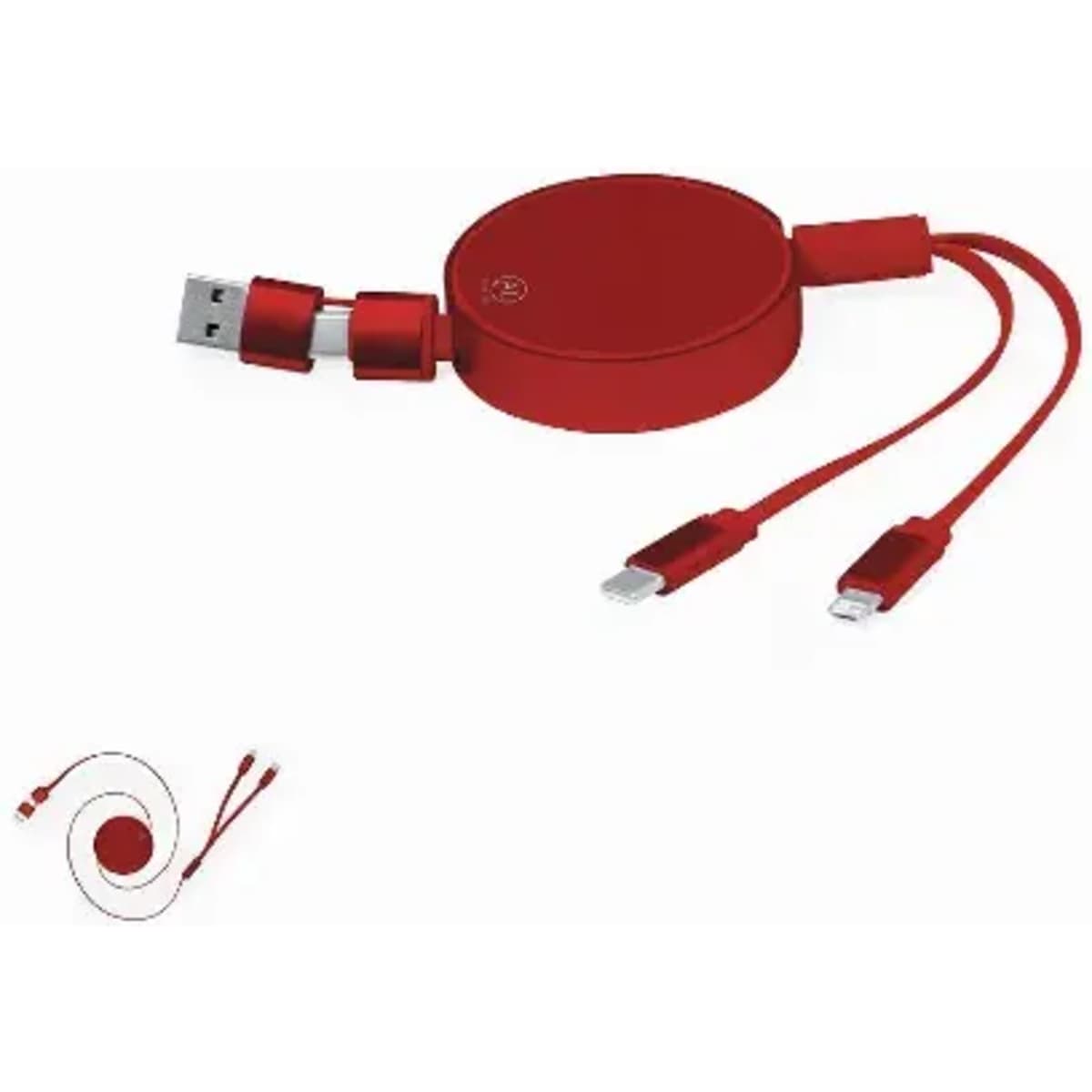 A red retractable charging cable with USB and two different connector ends, featuring a logo.