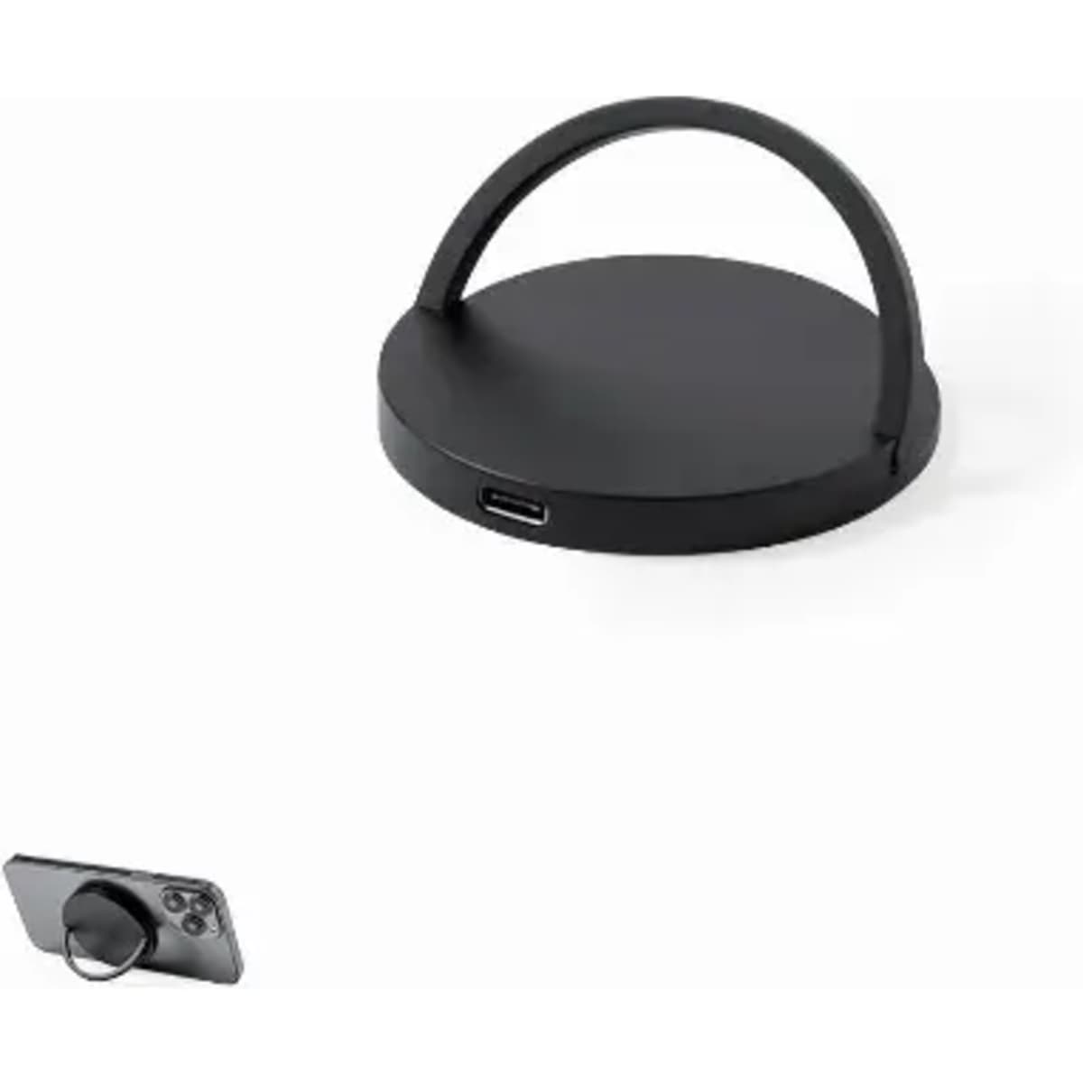 A black phone stand with a handle and a USB-C port, designed for easy phone support and access.