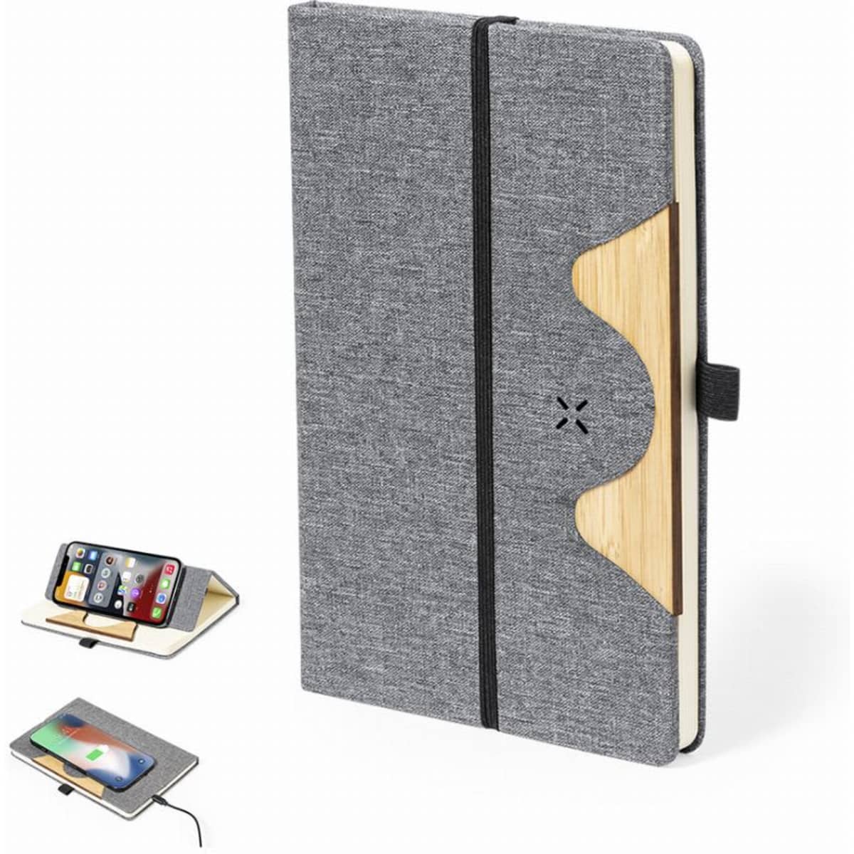 A grey notebook with a wooden accent and an elastic band, featuring a slot for a phone on the cover.