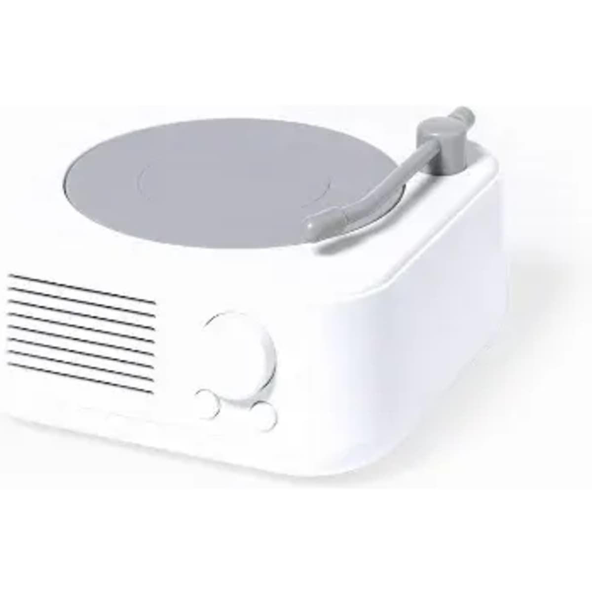 A white and grey turntable with a visible tonearm and speaker grill. It features a simple design and controls.