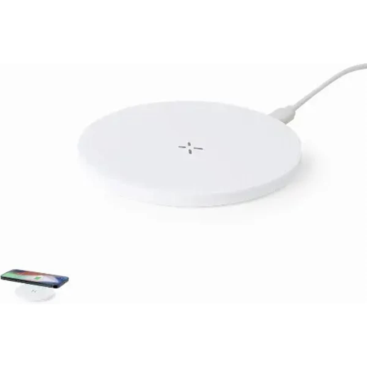A white wireless charging pad with a sleek, circular design and a connected power cable.