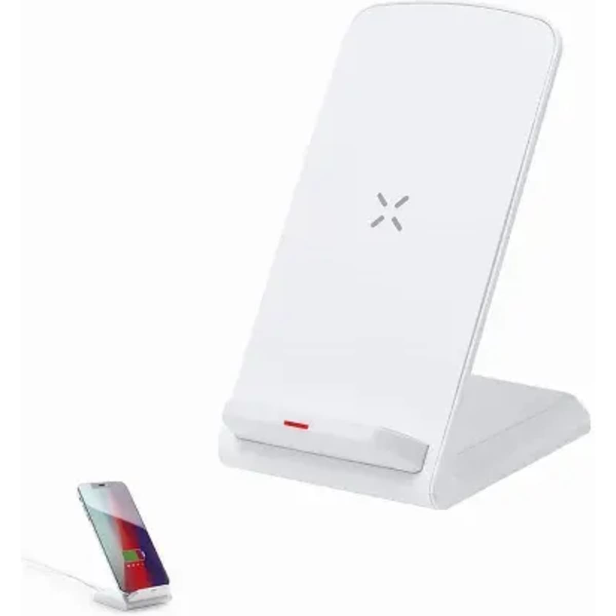 A wireless charging stand in white, featuring a sleek design and a device positioned for charging.