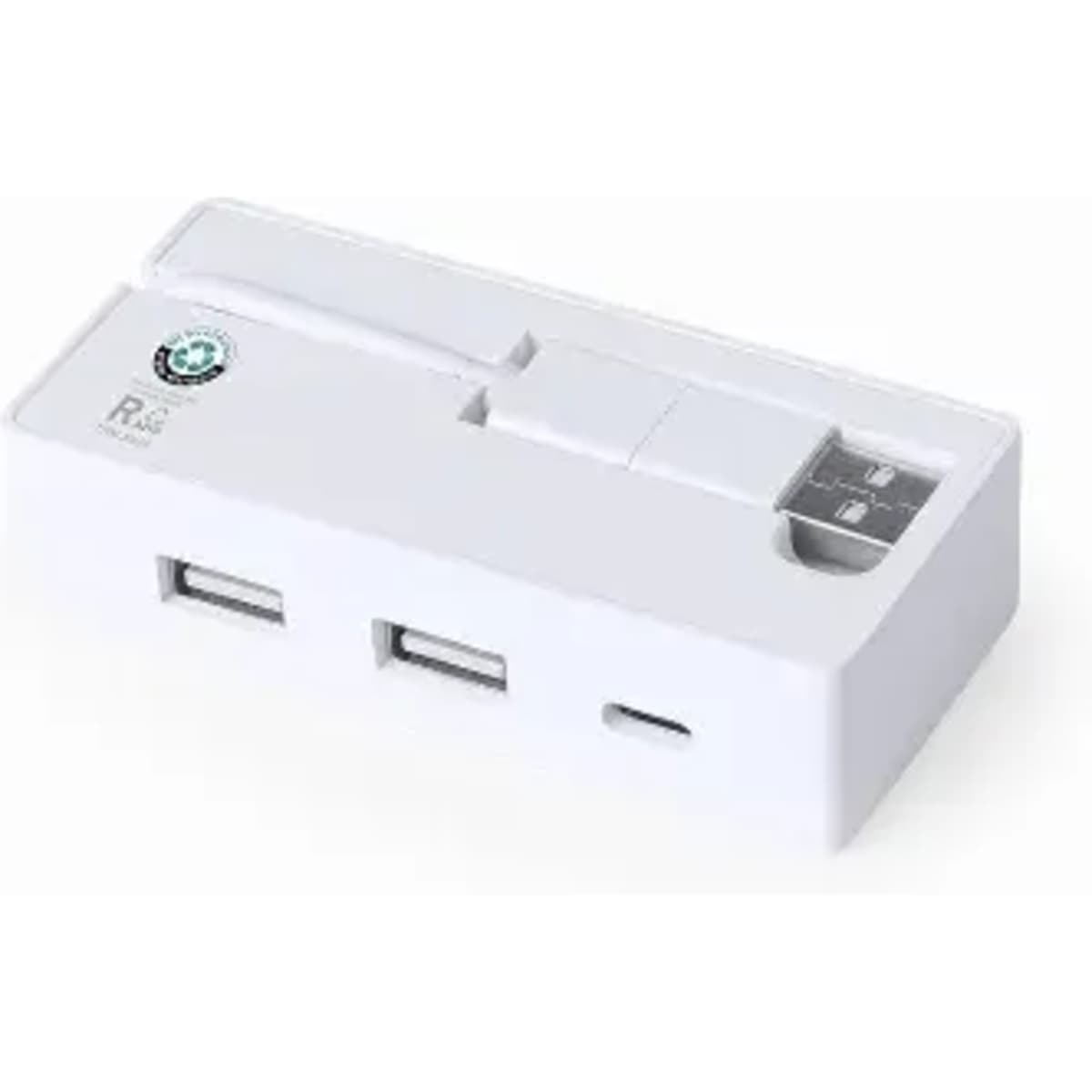 A white multi-port adapter with two USB-A ports and one USB-C port, featuring a logo.