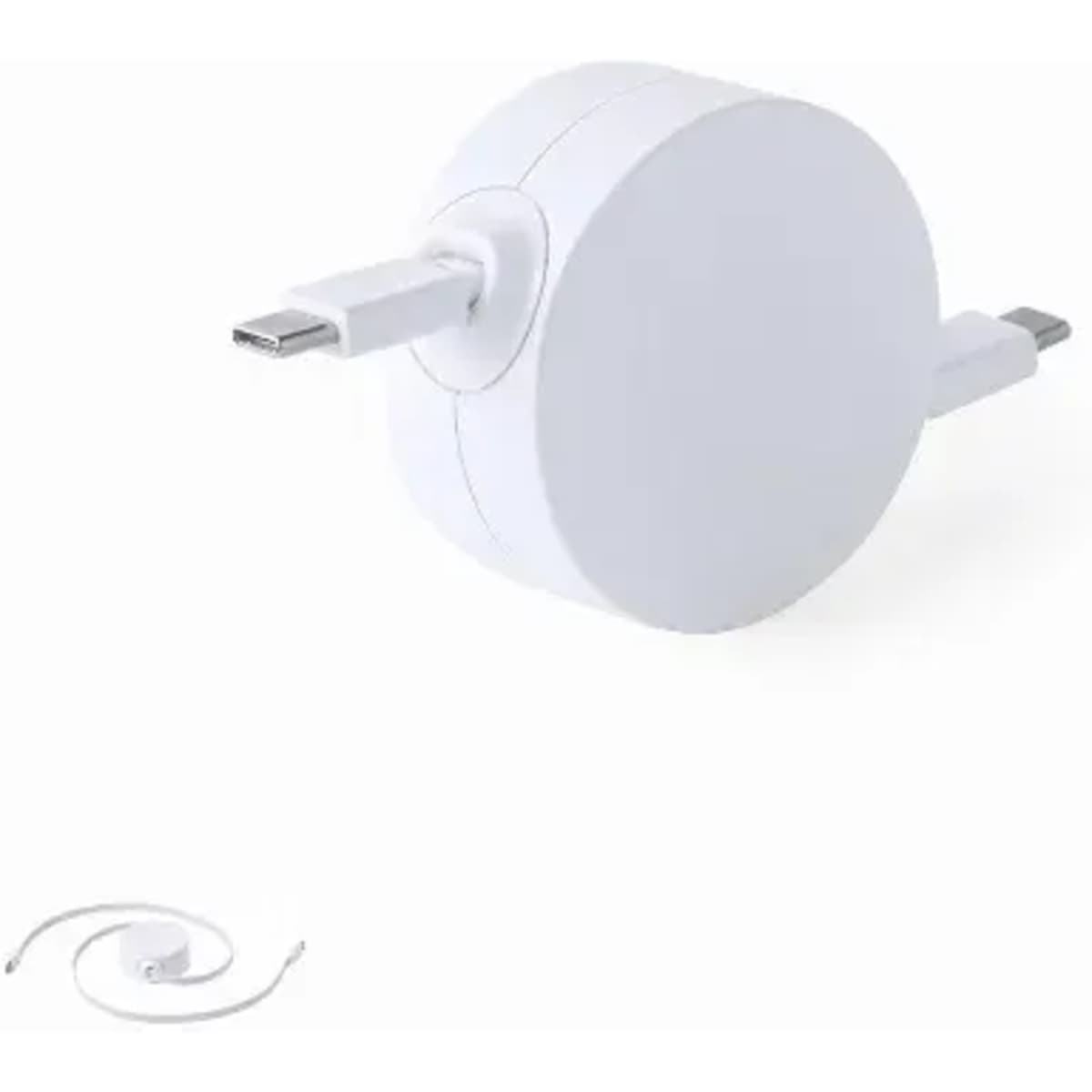 A white circular charging adapter with retractable cables in a minimalist design.