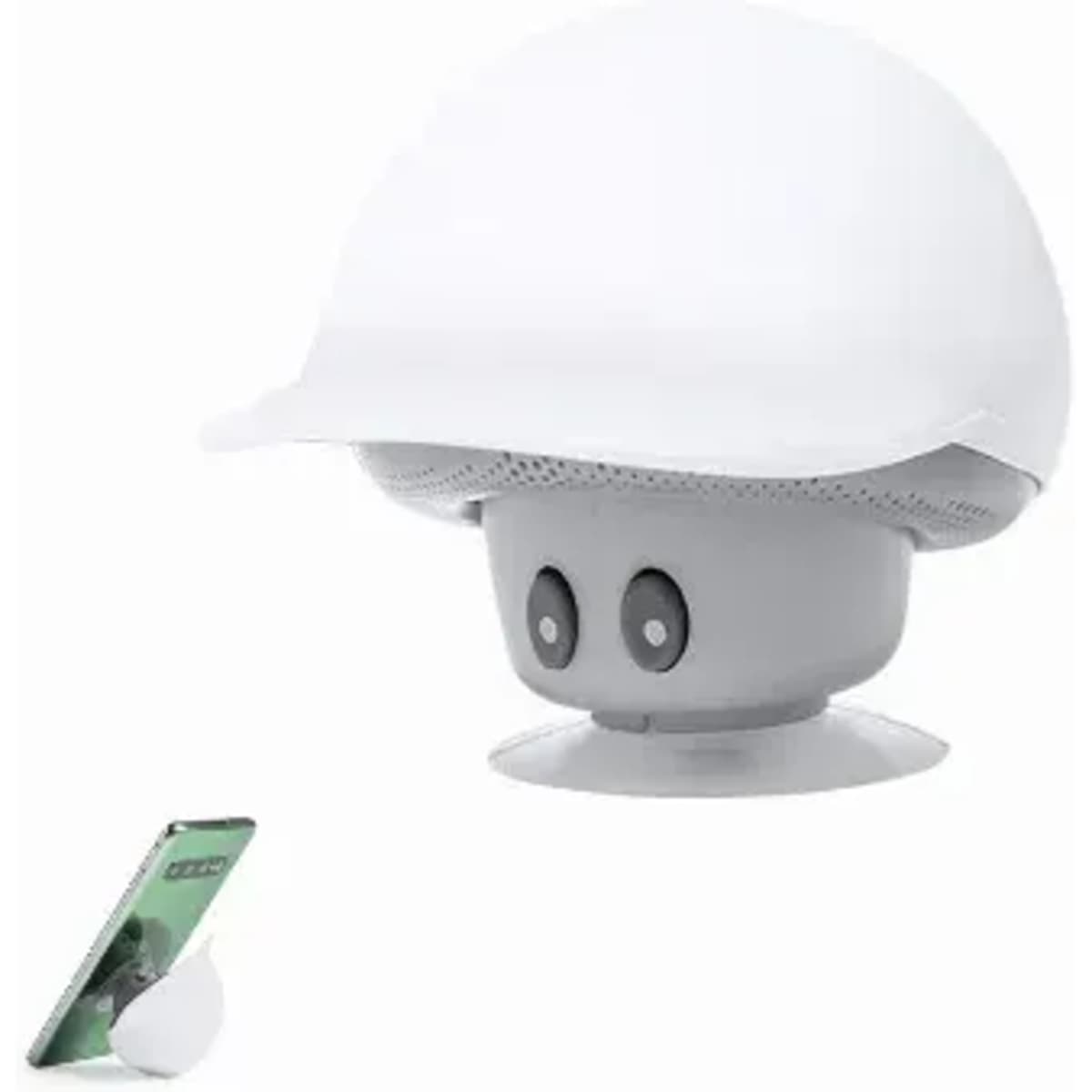 A speaker with a white hat design, featuring buttons on the side and a stand for a phone.
