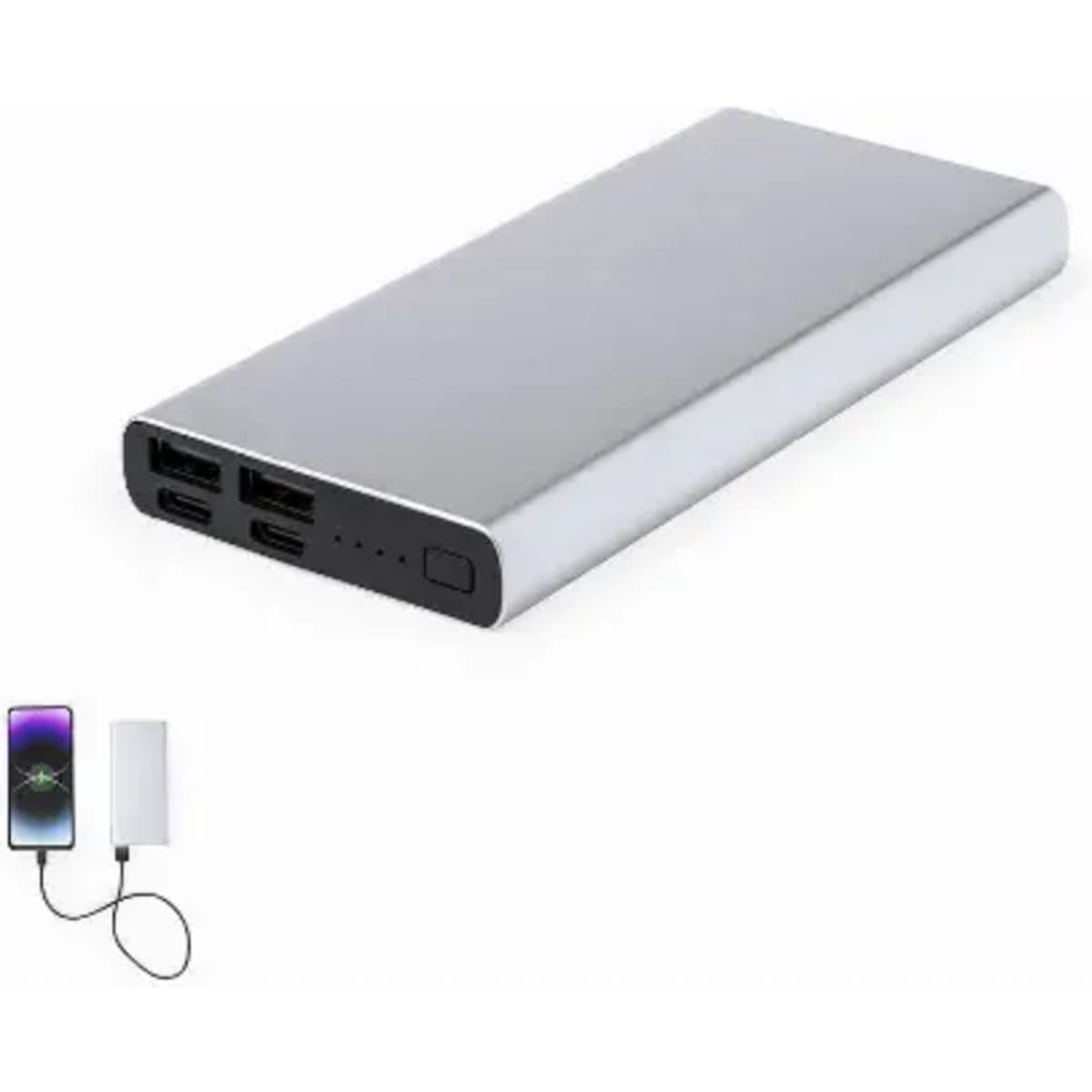 A power bank with a sleek silver design, featuring multiple USB ports and a button for operation.