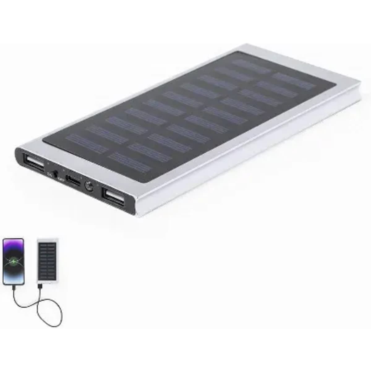 A solar-powered portable charger in silver, with multiple USB ports and a sleek, modern design.