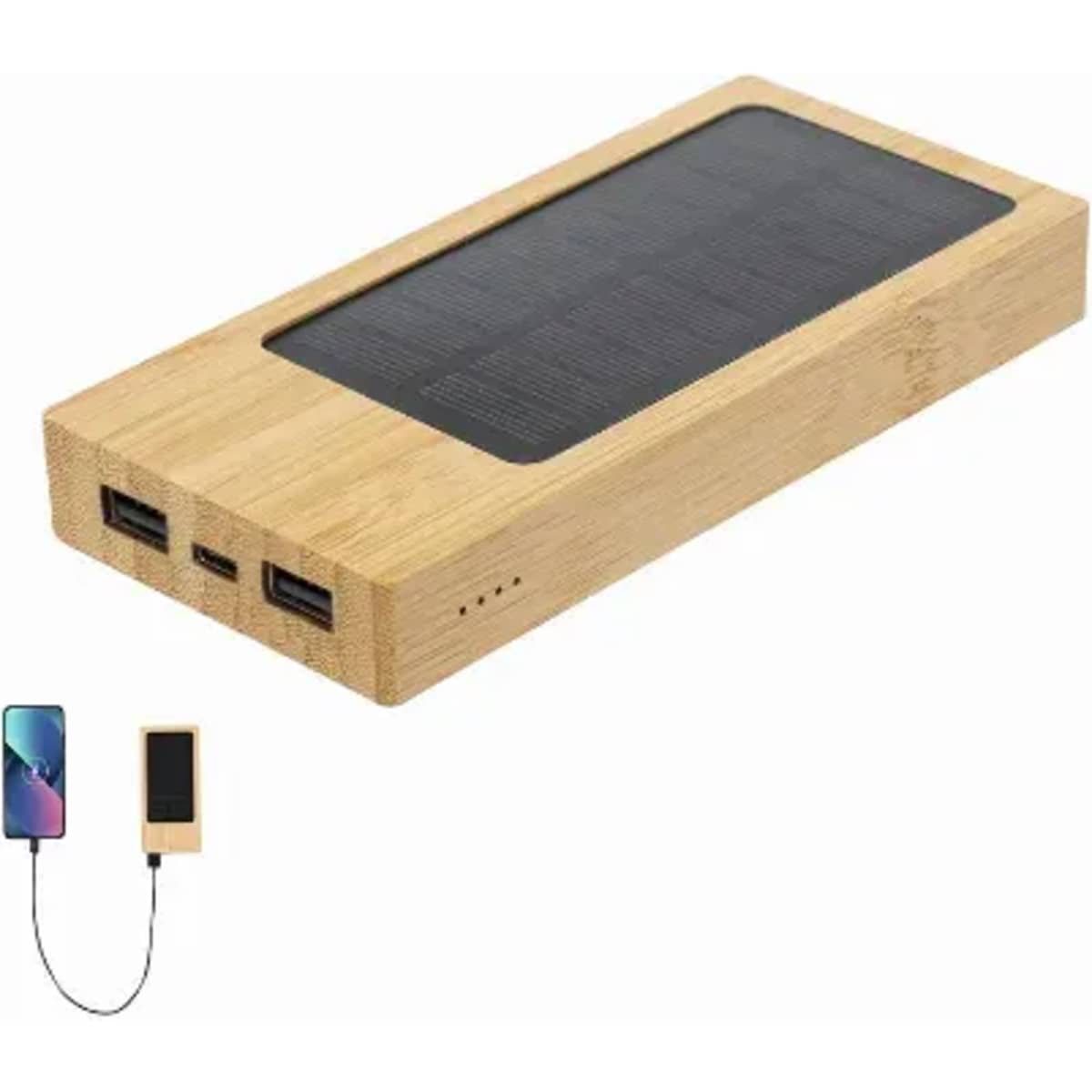 A power bank with a wooden exterior, featuring three USB ports and a solar panel on top.