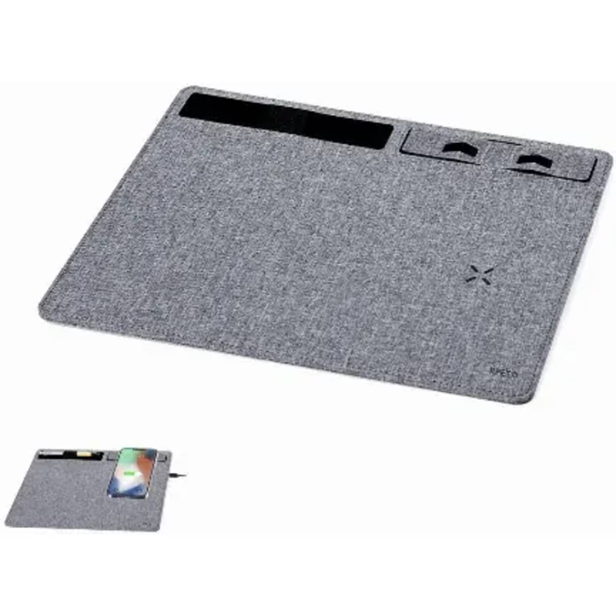 A grey desk organiser mat with compartments for pens and a smartphone. It has a sleek, fabric texture and a logo.