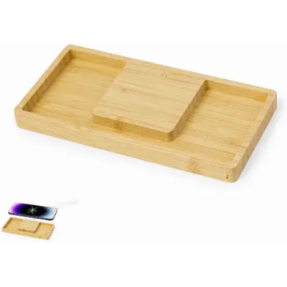A bamboo tray featuring two compartments in natural finish, designed to hold various items.