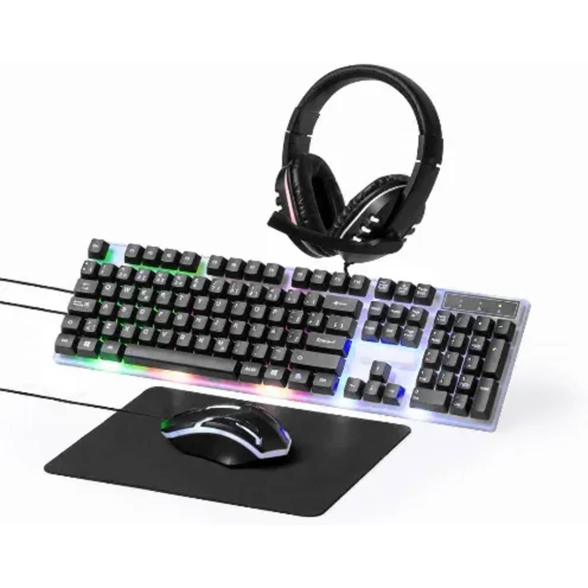 A gaming keyboard with RGB lighting, a gaming mouse on a black mousepad, and a pair of headphones.