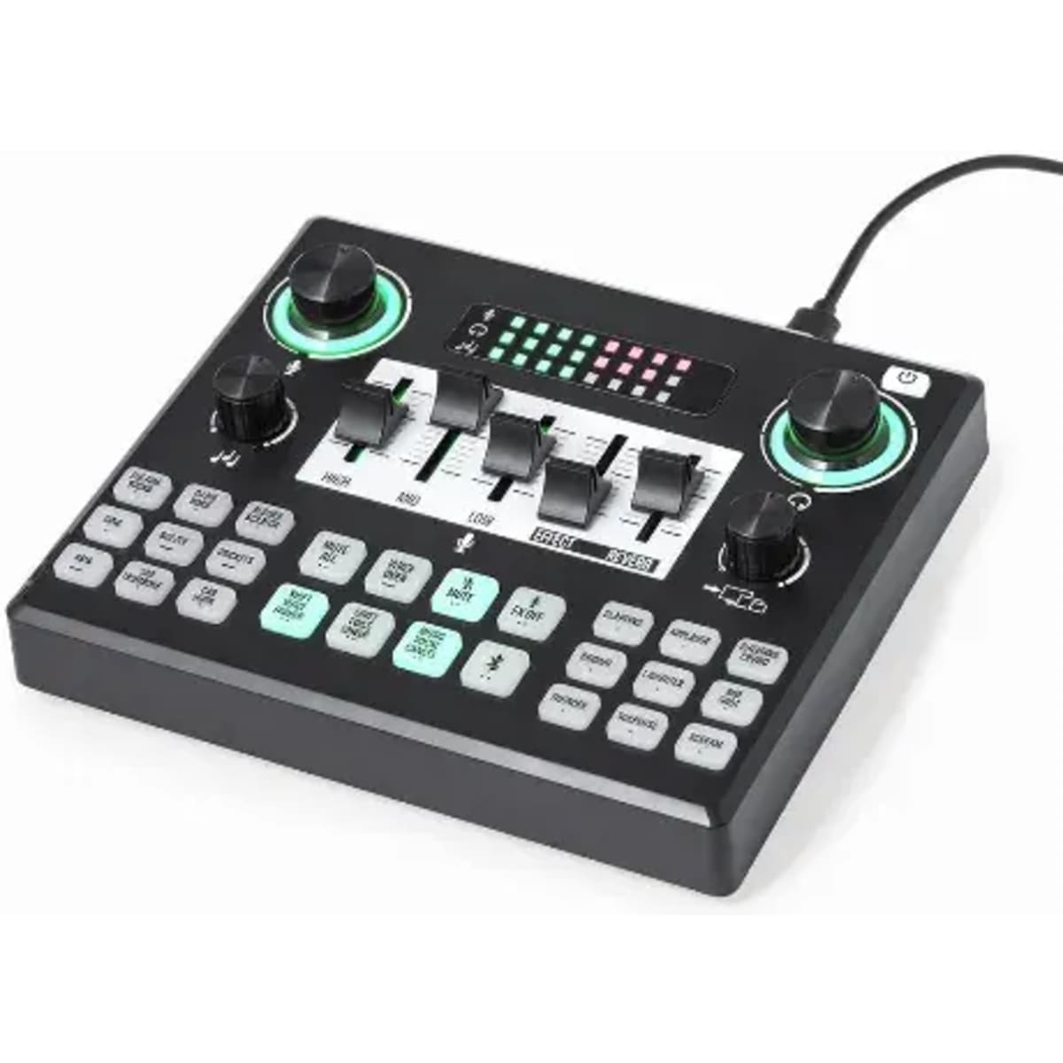 A control device in black with green and white accents, featuring knobs, sliders, and numerous buttons.