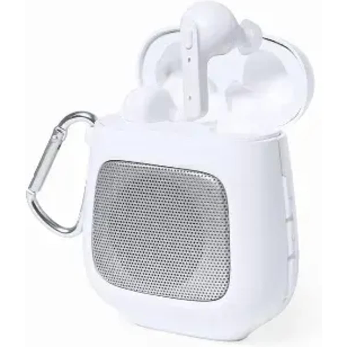 A white wireless earbud case with a silver carabiner, featuring two white earbuds inside the open lid.