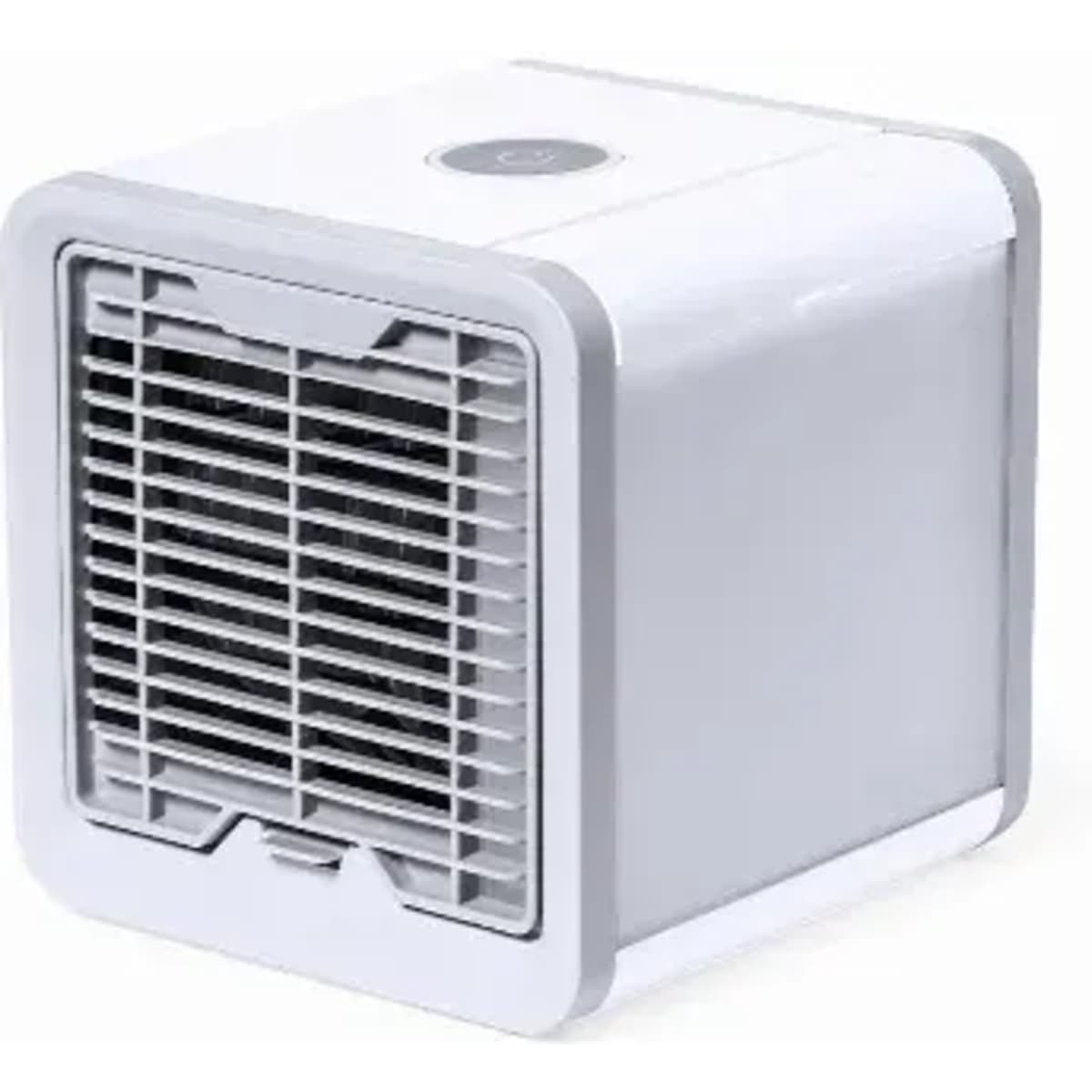 A small, square air cooler in white and grey, featuring a front grille and a control panel on top.