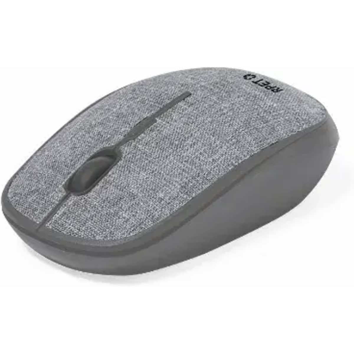A grey computer mouse features a textured fabric surface and a smooth grey base. It includes a scroll wheel and branding.