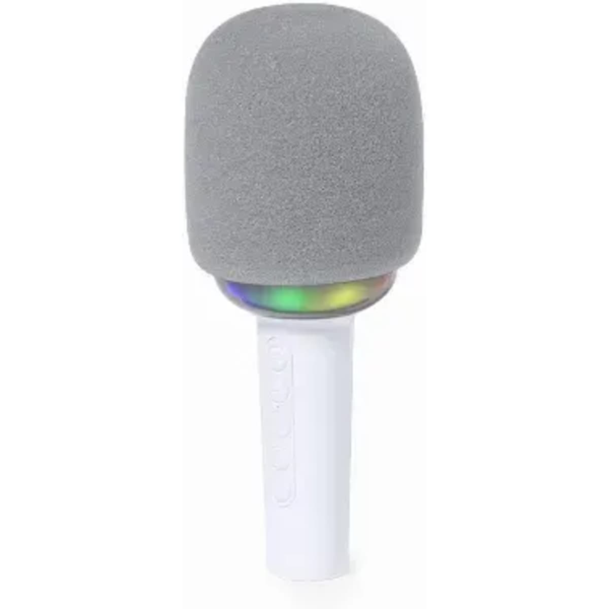 A microphone with a grey foam cover and a white handle featuring a colourful base.