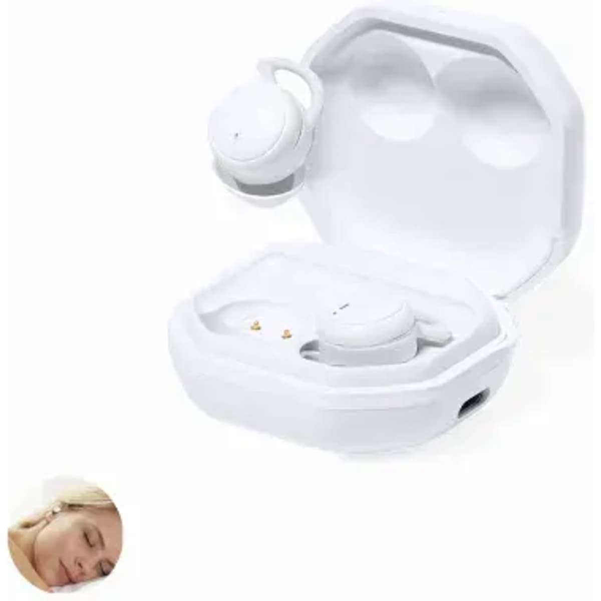 Wireless earbuds in a white charging case, featuring a circular logo. A small image of a person sleeping is also included.