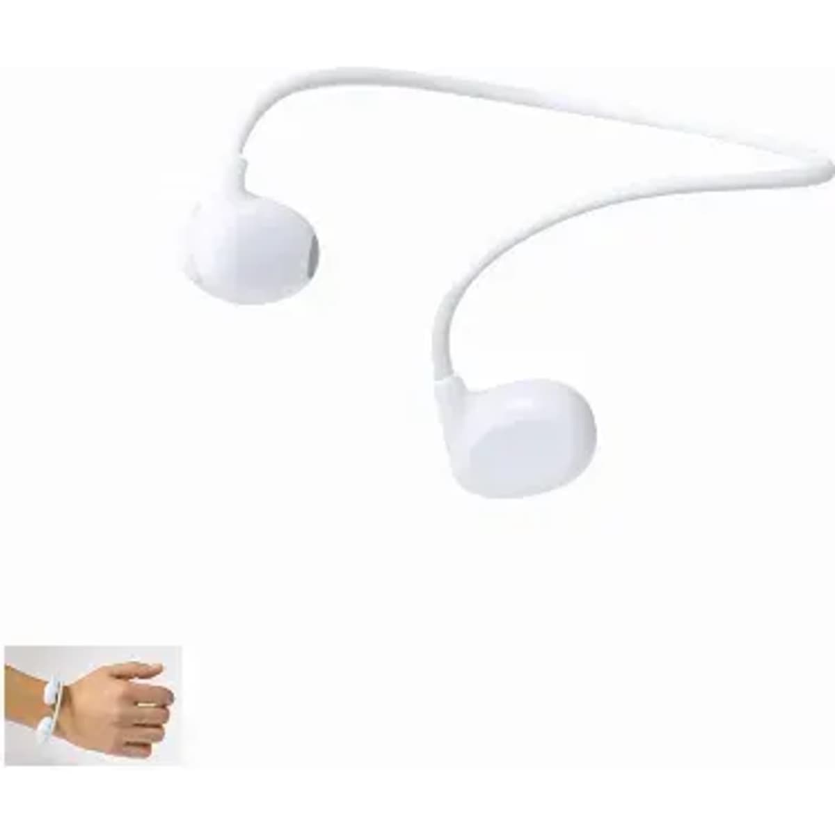 A set of white wireless earbuds connected by a flexible band. Includes a small image of a wrist with a wearable device.