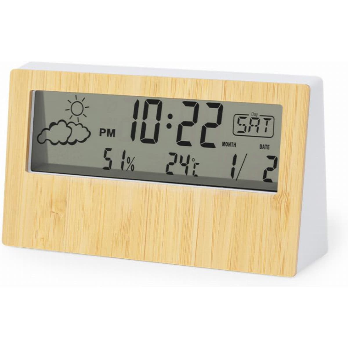 A digital clock featuring a bamboo front, displaying the time, date, and weather information in grey and white.
