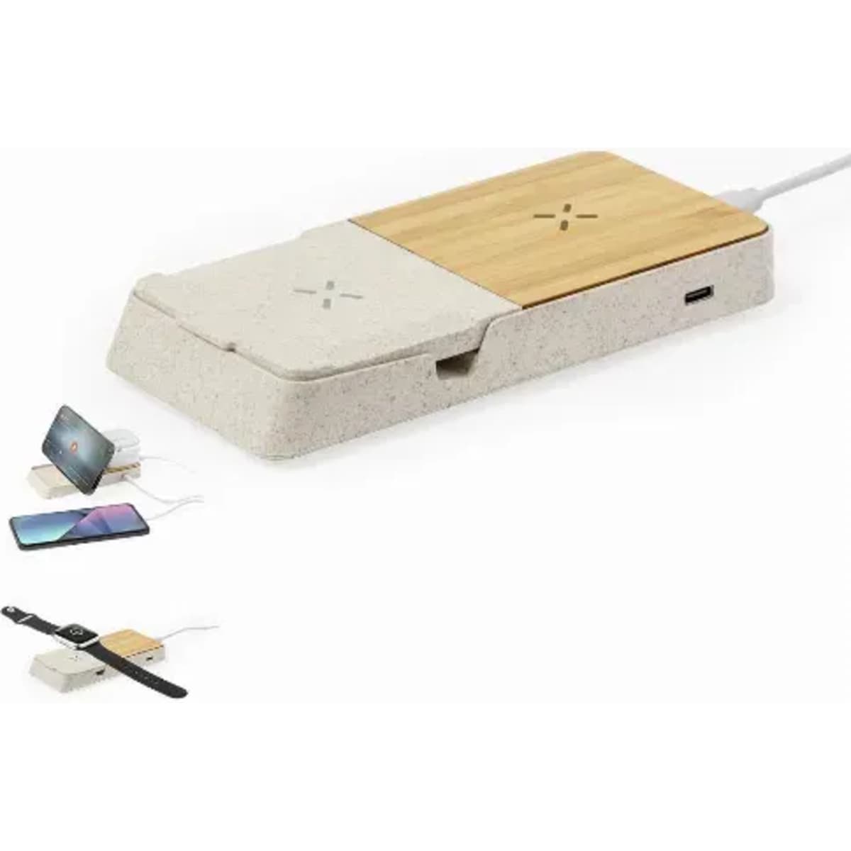 A wireless charging station with a bamboo top and a light grey base, designed for multiple devices.