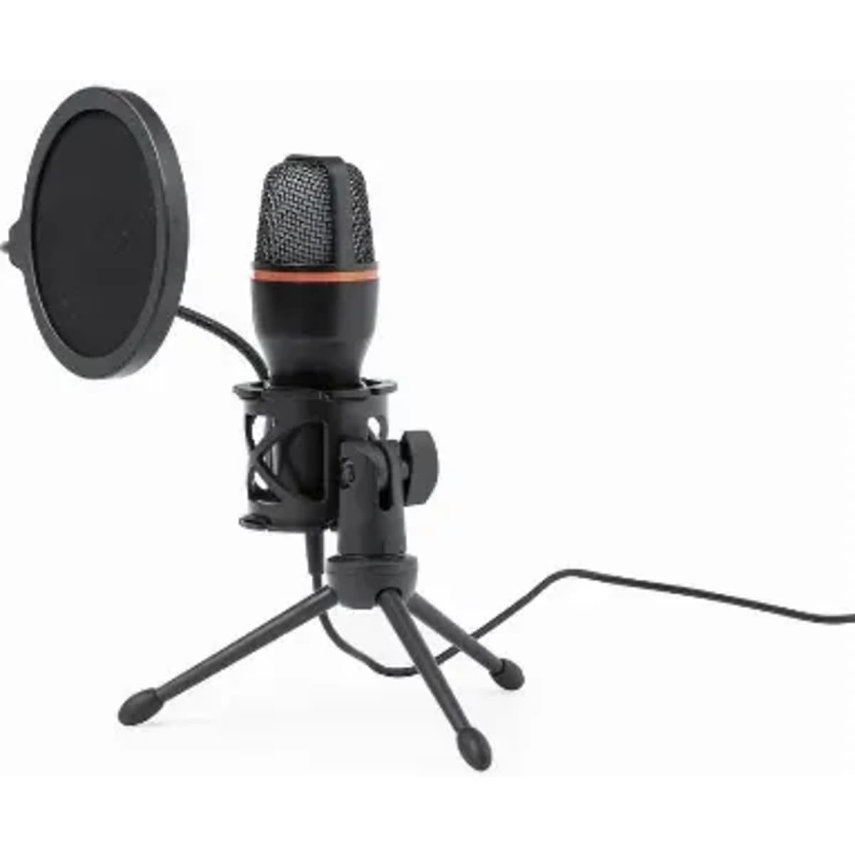A microphone with a pop filter, mounted on a black tripod stand, featuring a cable attached.