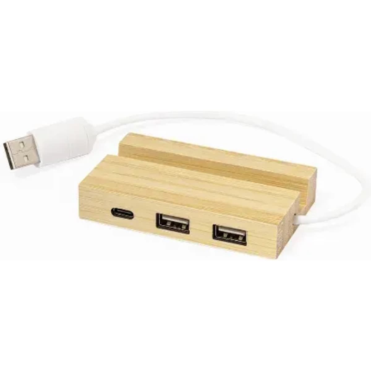 A wooden USB hub with two standard USB ports and one USB-C port, connected by a white cable.
