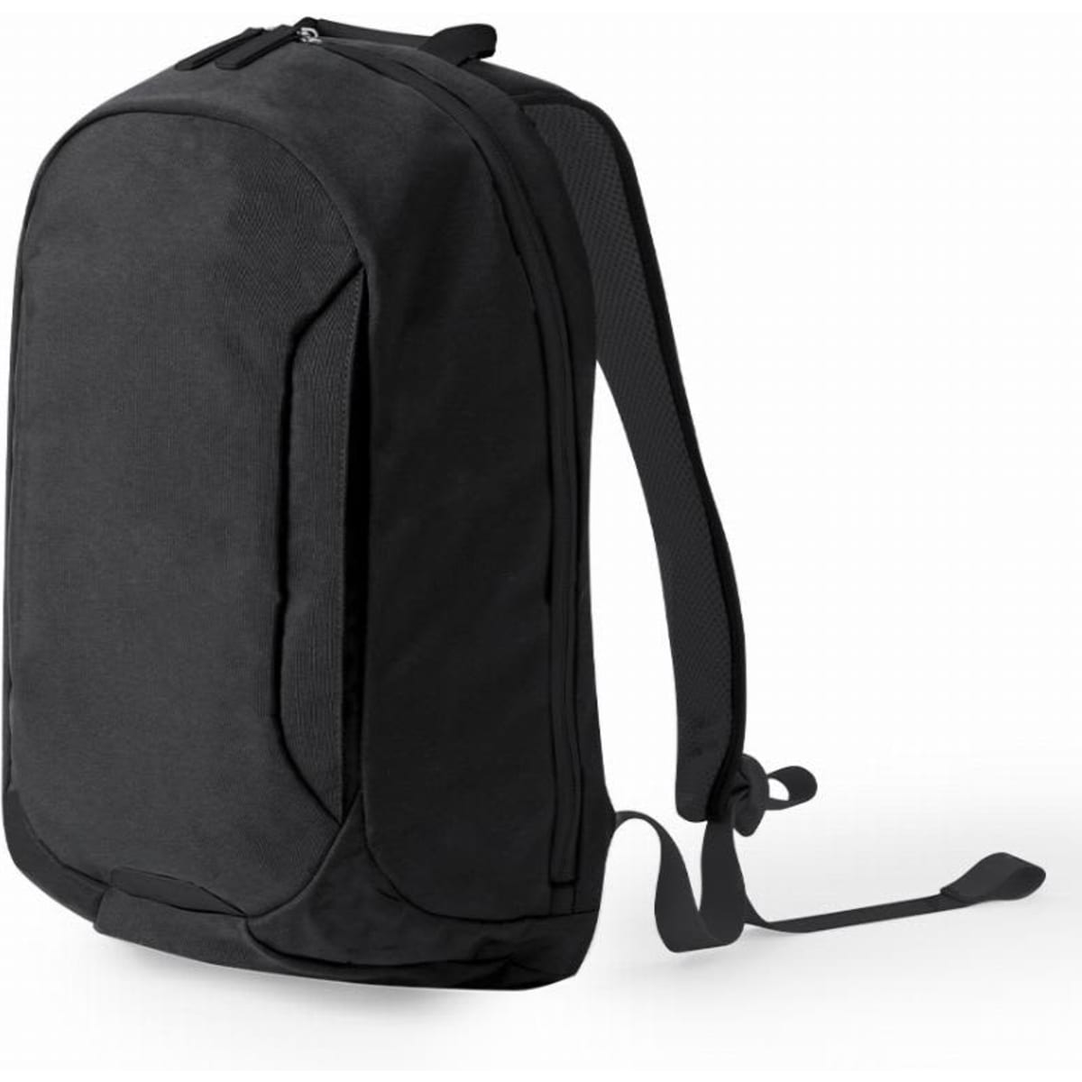 A black backpack with adjustable straps and multiple compartments. Features a logo on the front.