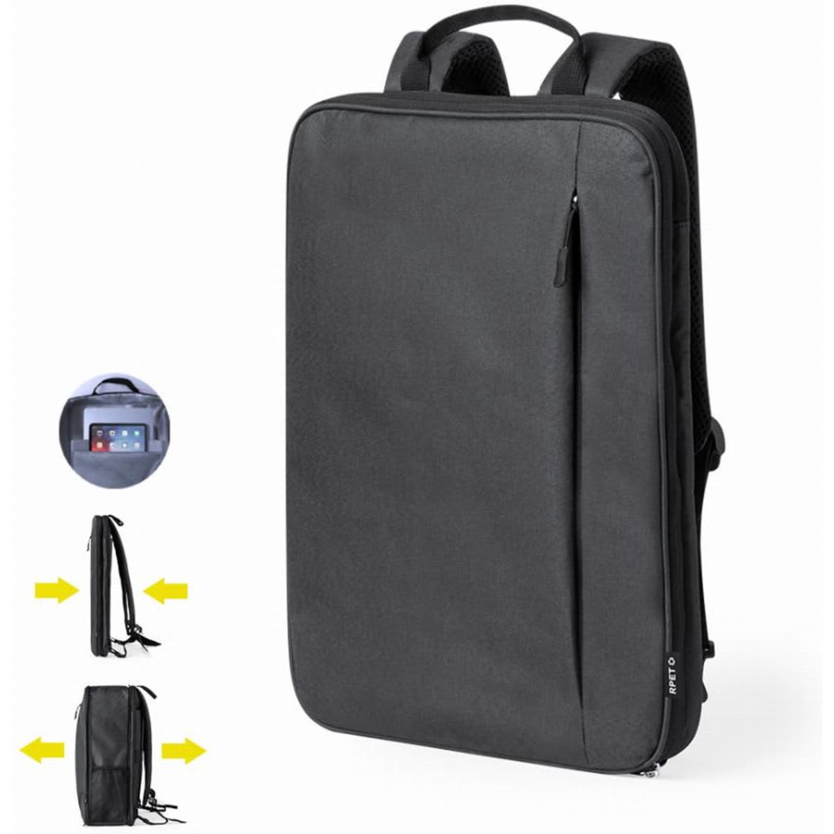 A black laptop backpack with adjustable straps and a sleek design. It features a zip pocket on the front and a logo.