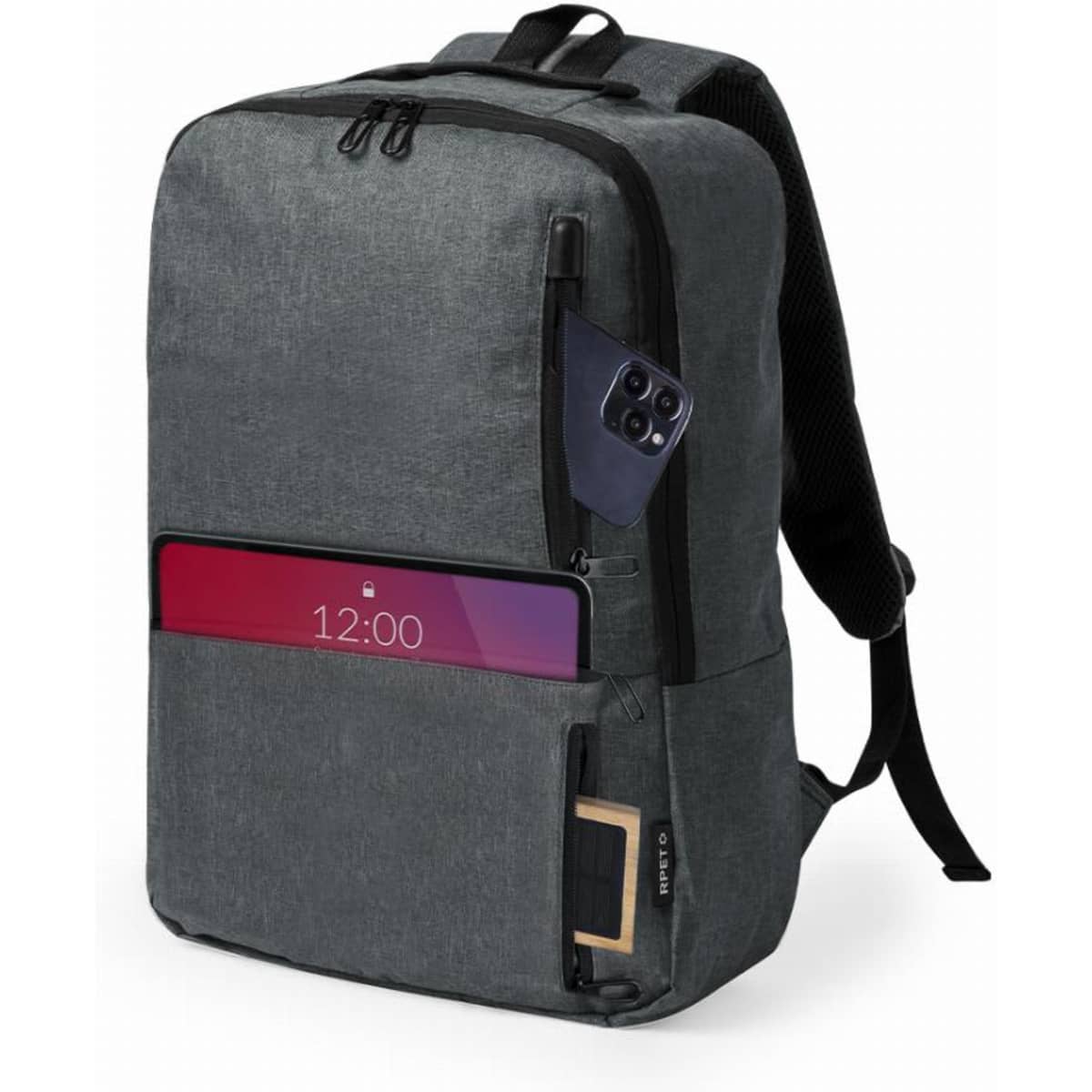 A grey backpack featuring multiple zippered compartments and a pocket for a smartphone. The design is sleek and modern.