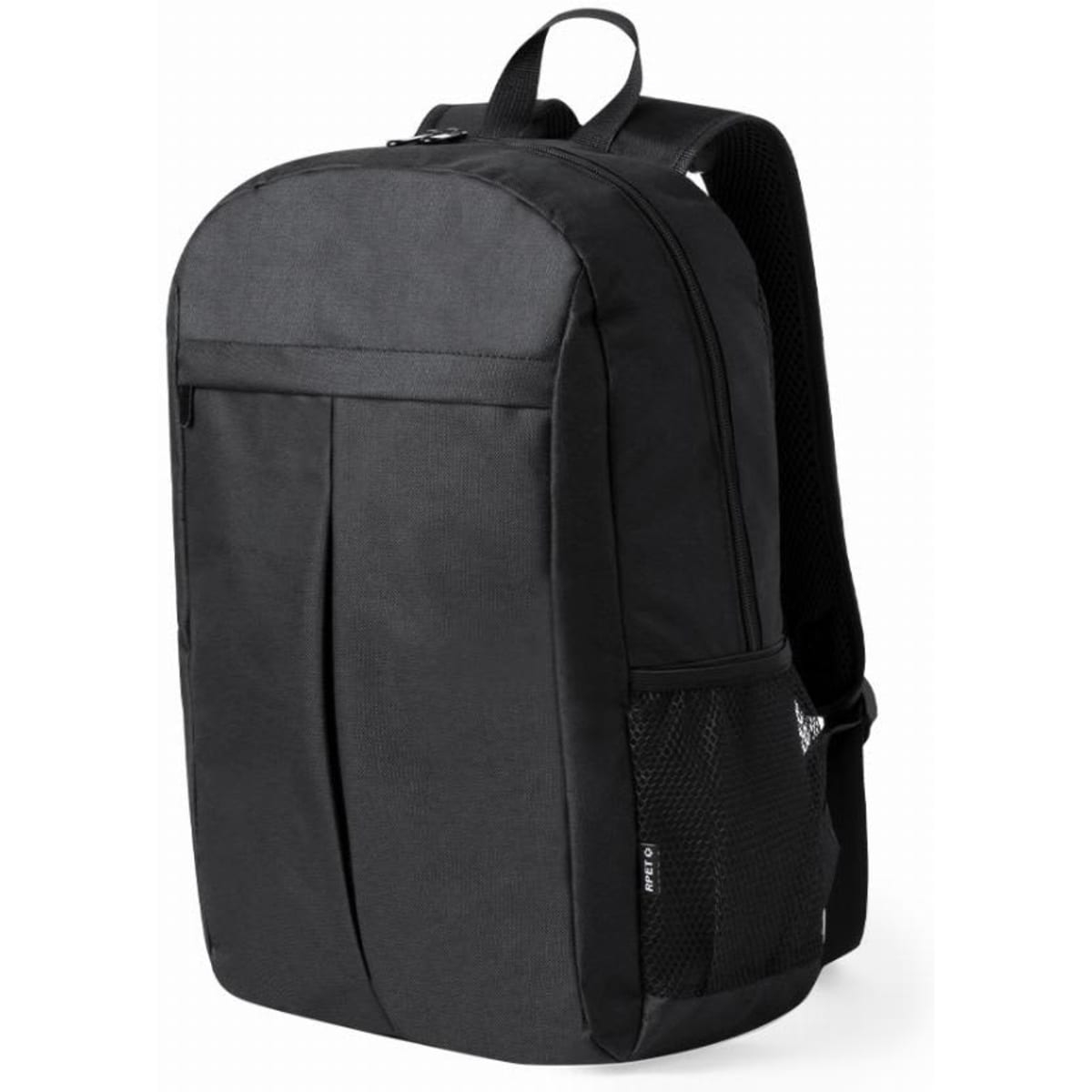 A black backpack with a structured design, featuring a side mesh pocket and adjustable straps. It has a discreet logo.