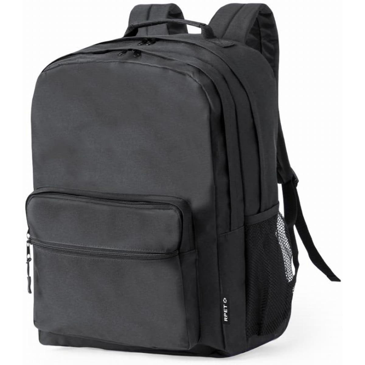 A black backpack with multiple compartments, padded straps, and a side mesh pocket. Features a textured exterior.