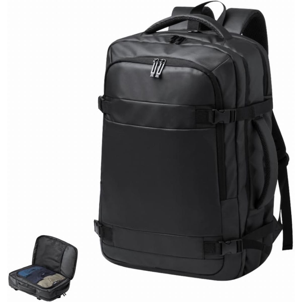 A black backpack with multiple compartments and a logo, featuring adjustable straps and a spacious interior.
