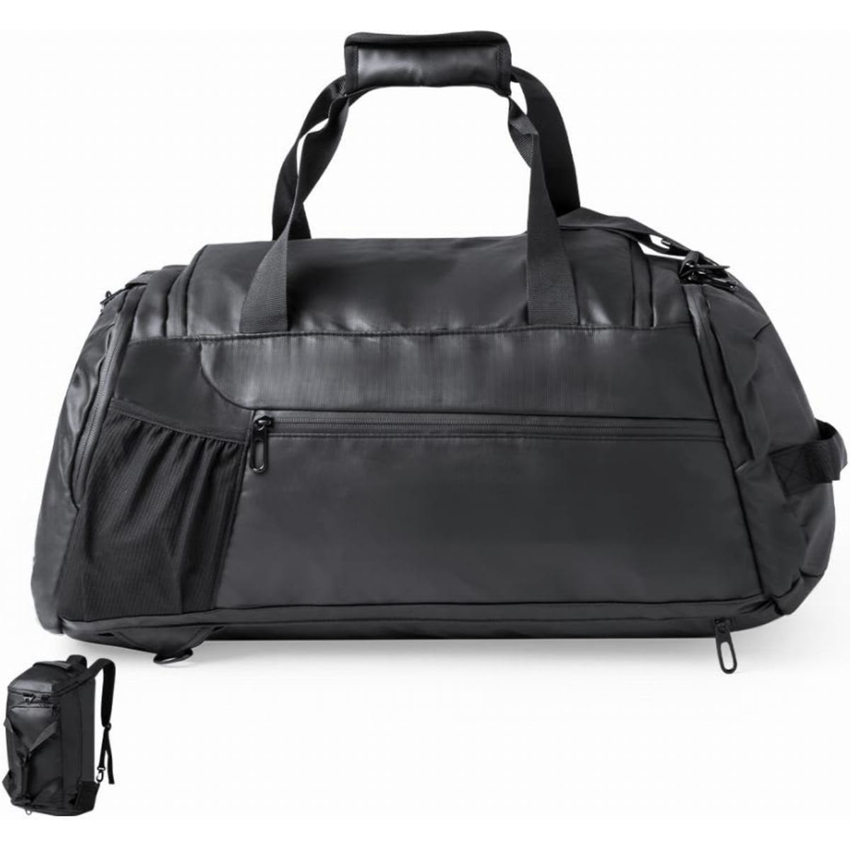 A black duffel bag with dual handles and a shoulder strap, featuring multiple zippered compartments.