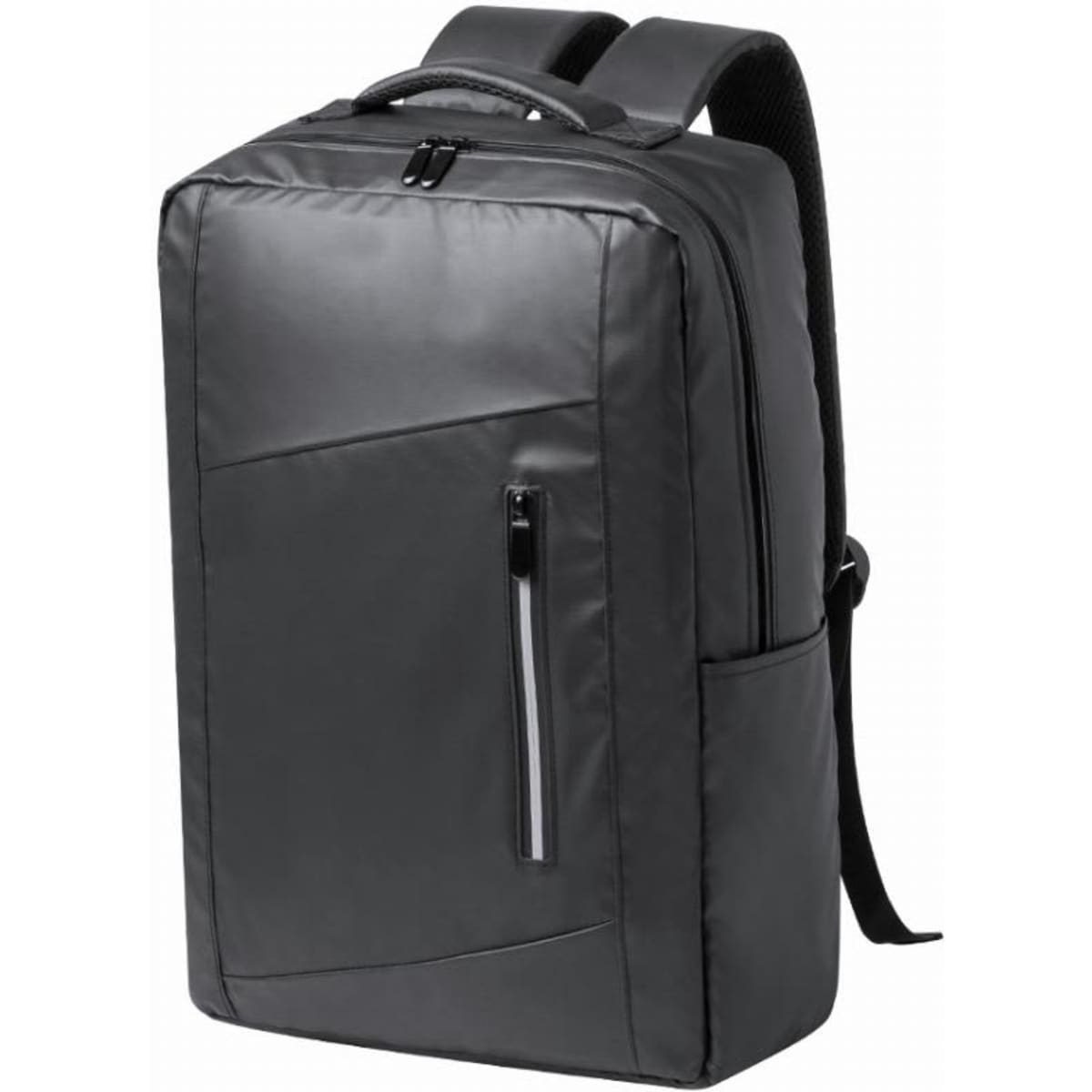 A black backpack with a sleek design, featuring multiple compartments and a zippered front pocket.