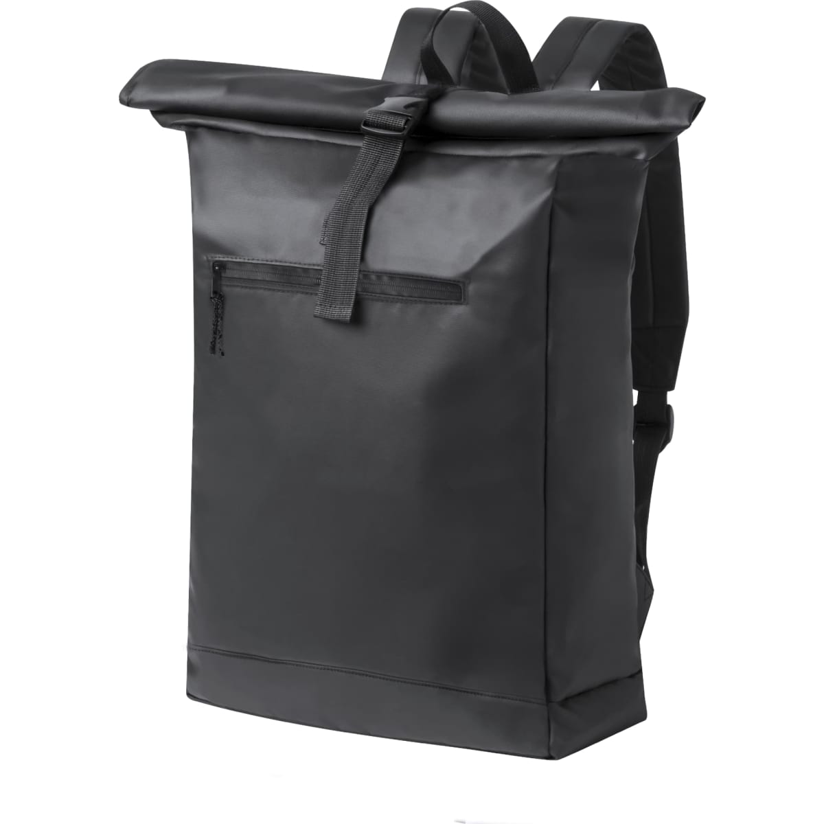 A black roll-top backpack with a zippered front pocket and adjustable straps. It has a sleek, modern design.
