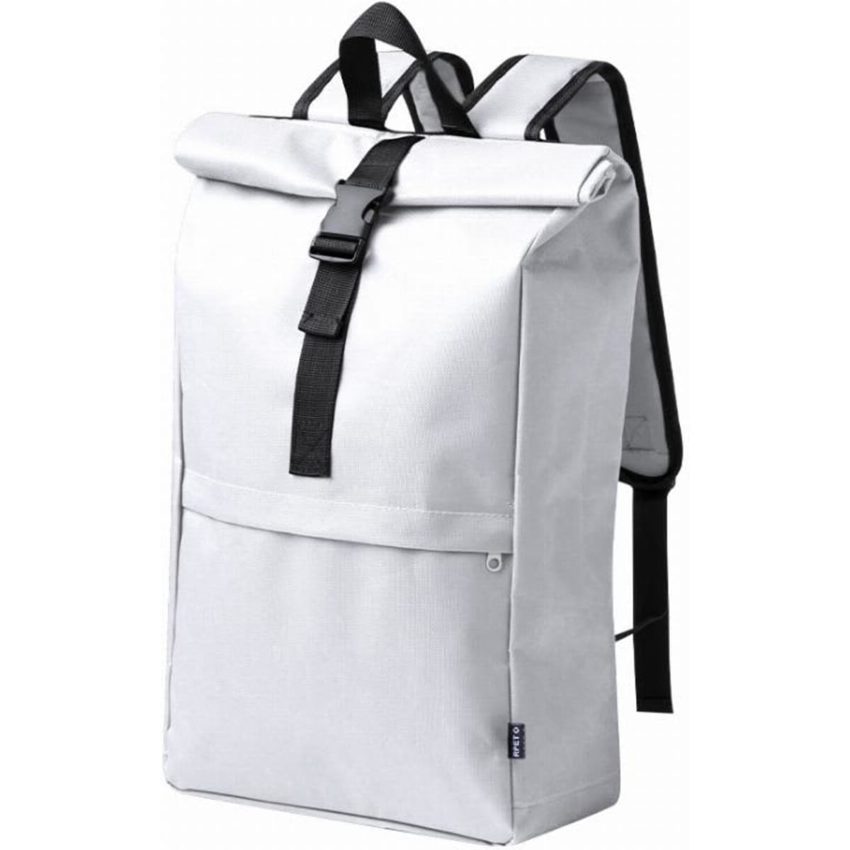 A white backpack with a roll-top design, featuring black straps and a front pocket, along with a logo.