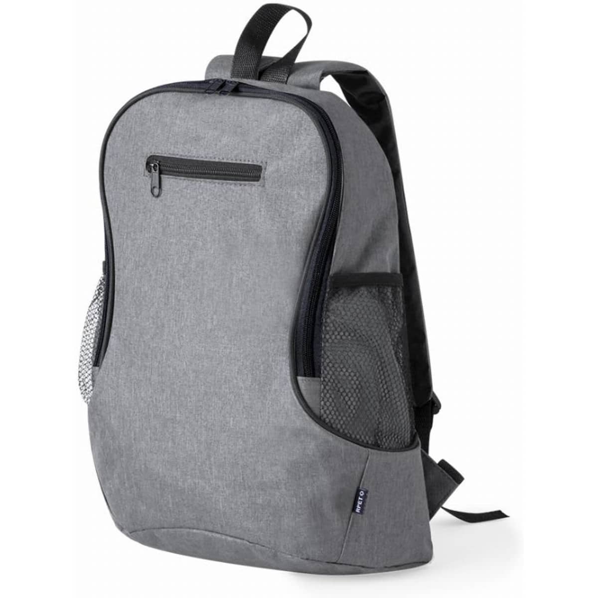 A grey backpack with a front zip pocket and side mesh pockets, featuring a logo on the front.