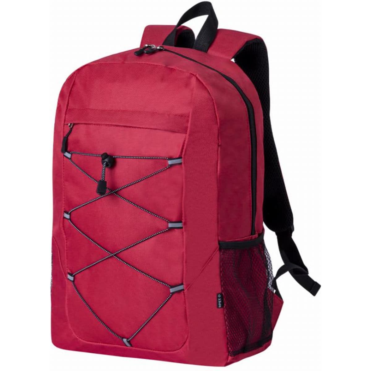 A red backpack with a front pocket, mesh side pocket, and adjustable straps. Features a bungee cord design on the front.