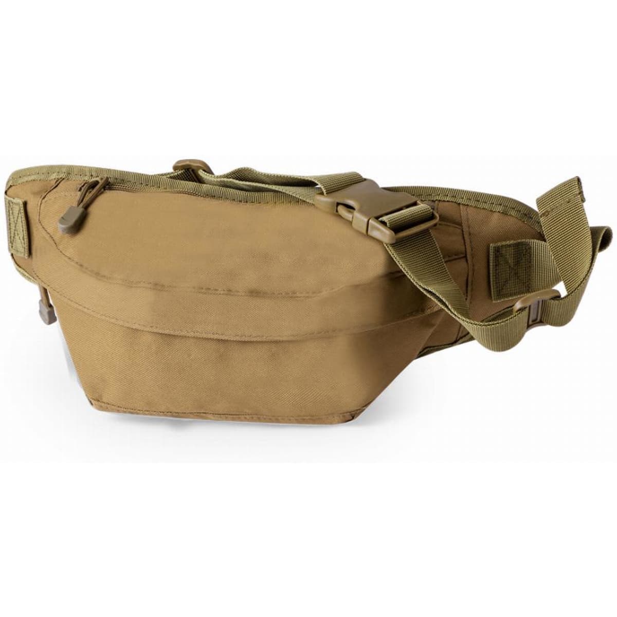A tan waist bag with an adjustable strap and zippered pocket. It features a simple, sleek design.