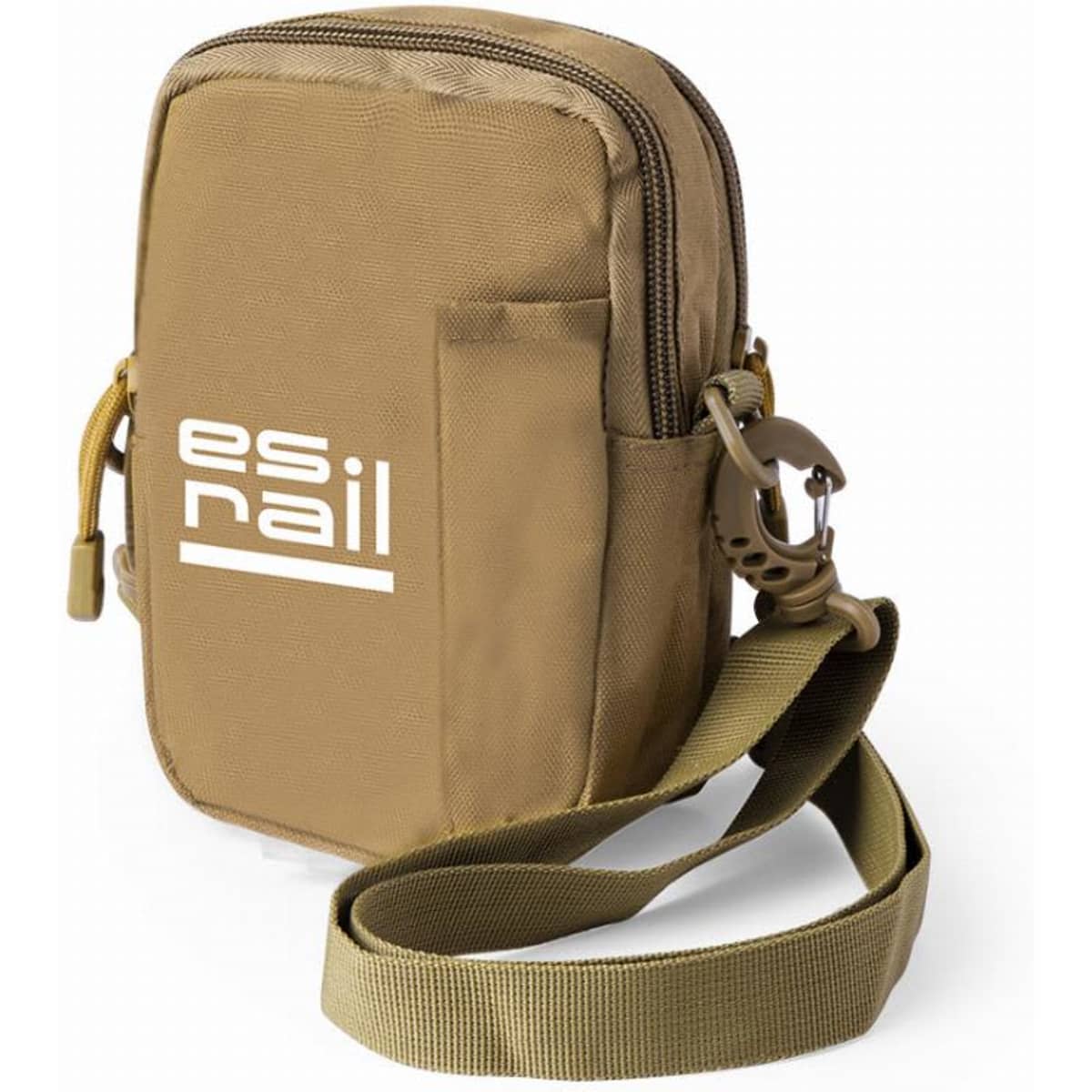 A khaki-coloured compact bag with a zip closure, adjustable strap, and a logo on the front.