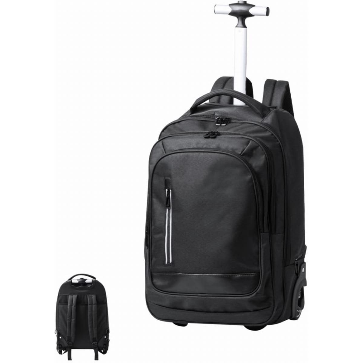 A black wheeled backpack with adjustable straps and a retractable handle, featuring a front zip pocket.