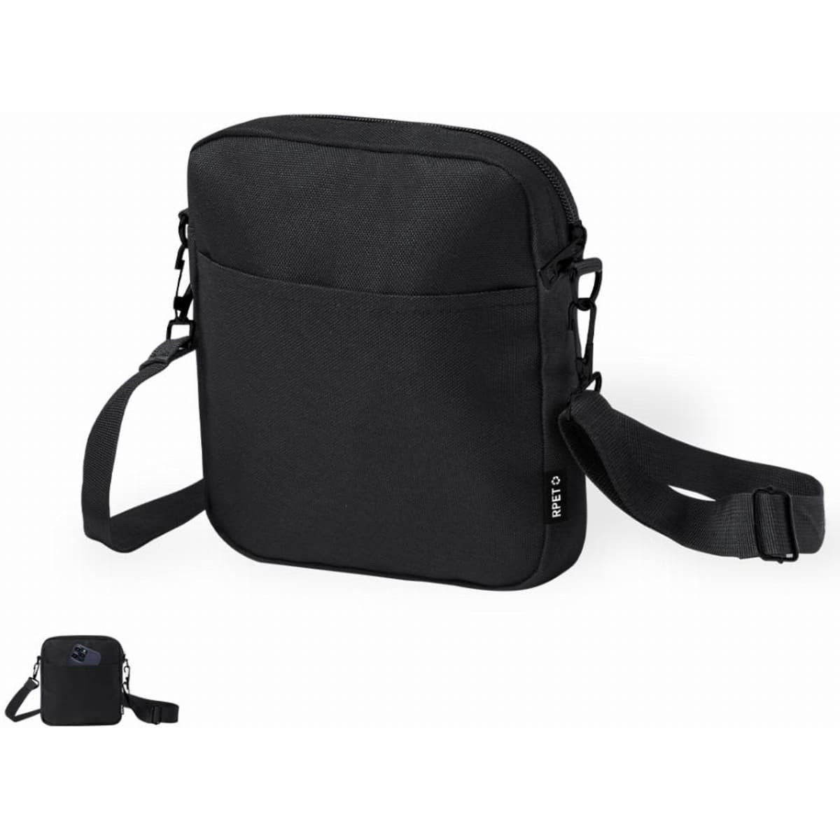 A black crossbody bag featuring a zip closure and adjustable strap, with a front pocket and branding.