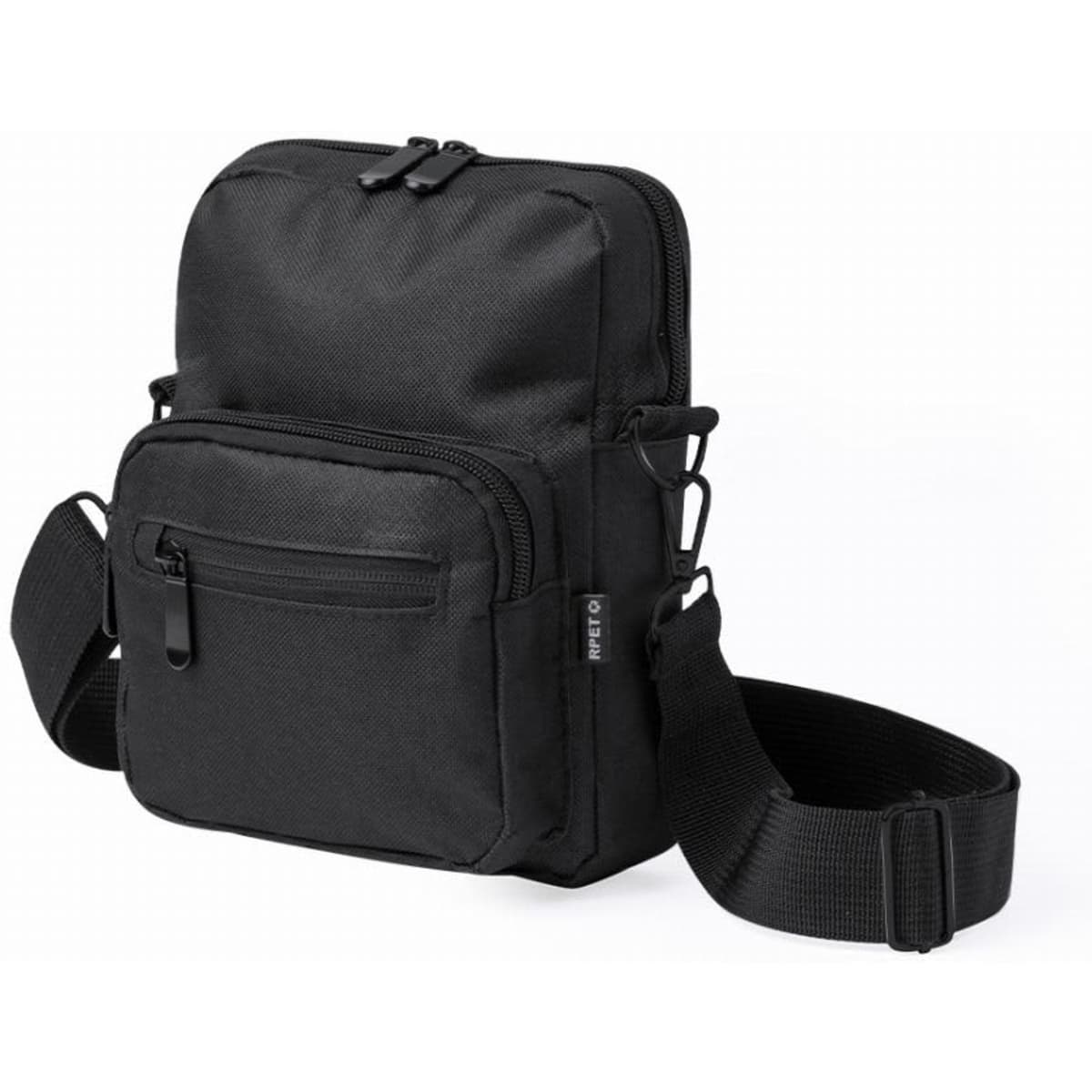 A black crossbody bag with multiple zippered compartments and an adjustable strap.