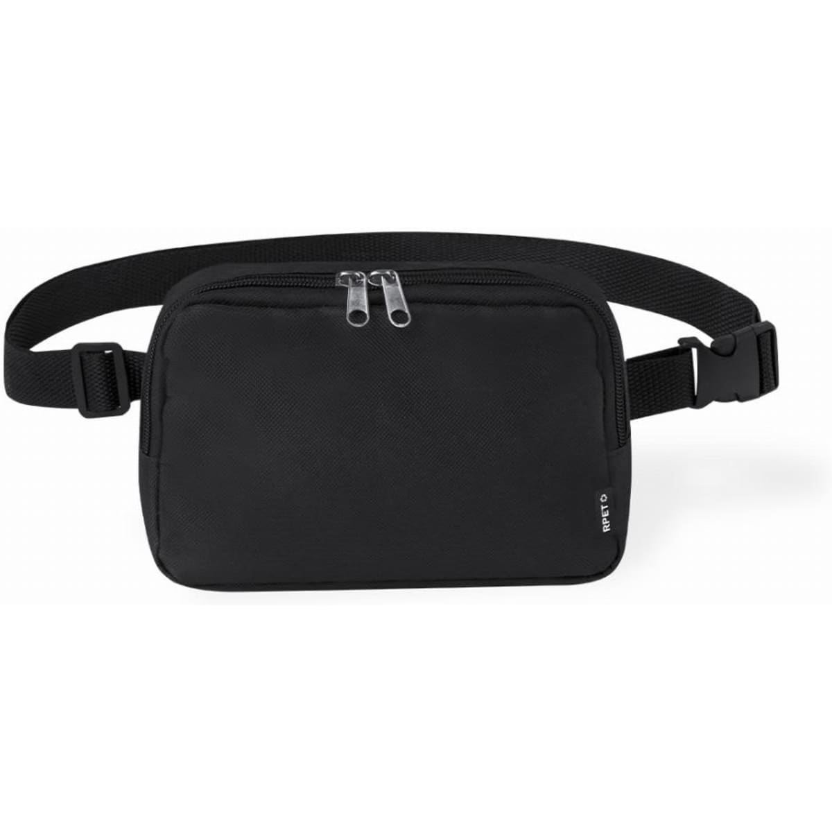 A black waist bag featuring a double zip compartment and an adjustable strap. It has a simple, minimalist design.
